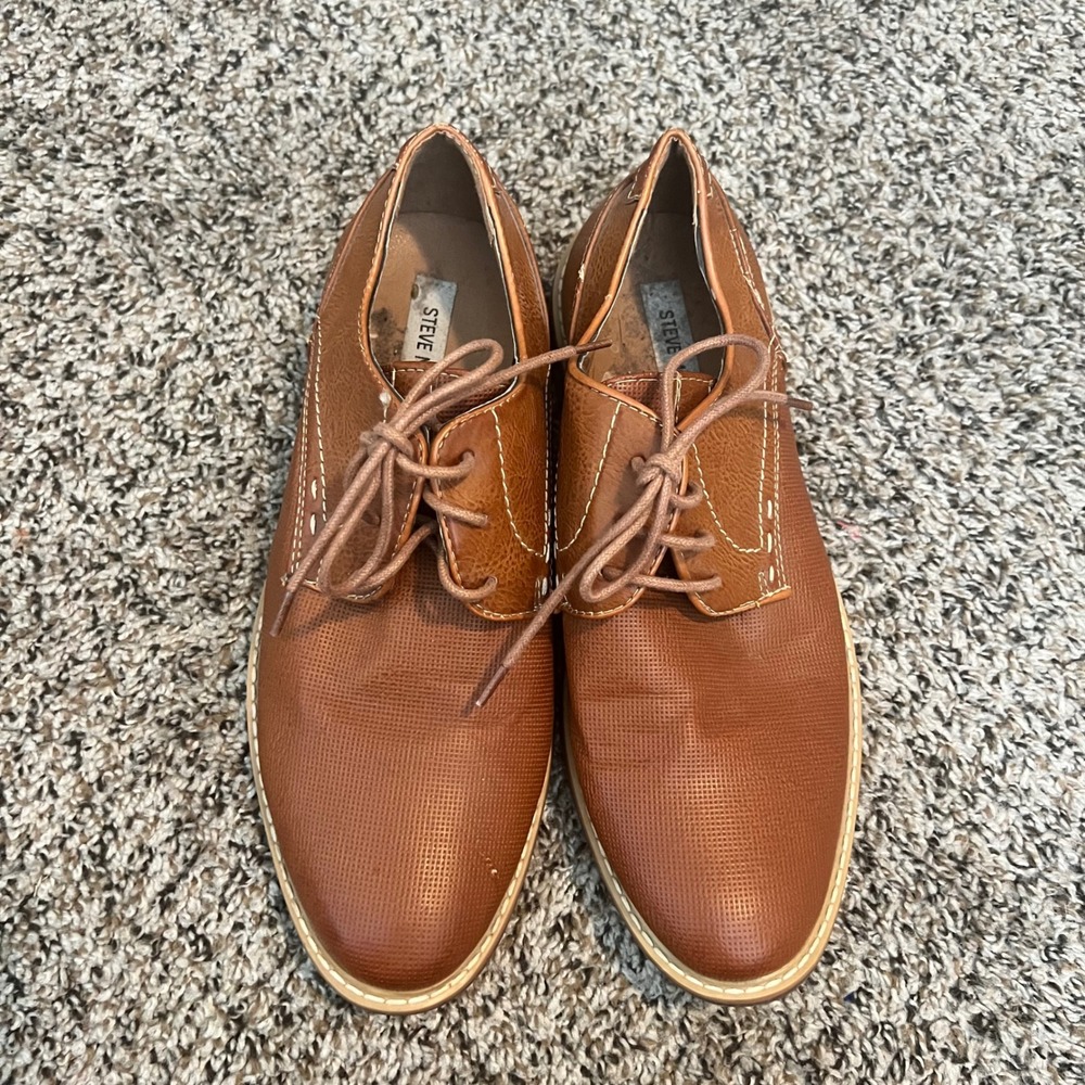 Steve Madden Mens P-Peter Cognac Brown Textured Lace Up Derby Dress Shoes Size 8
